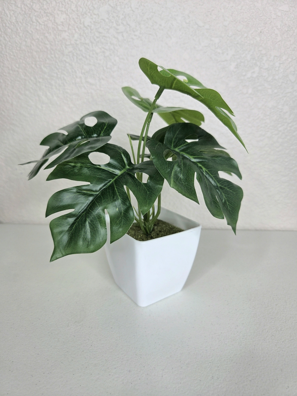 Artificial Monstera Potted Houseplant, Plastic, White Square Pot